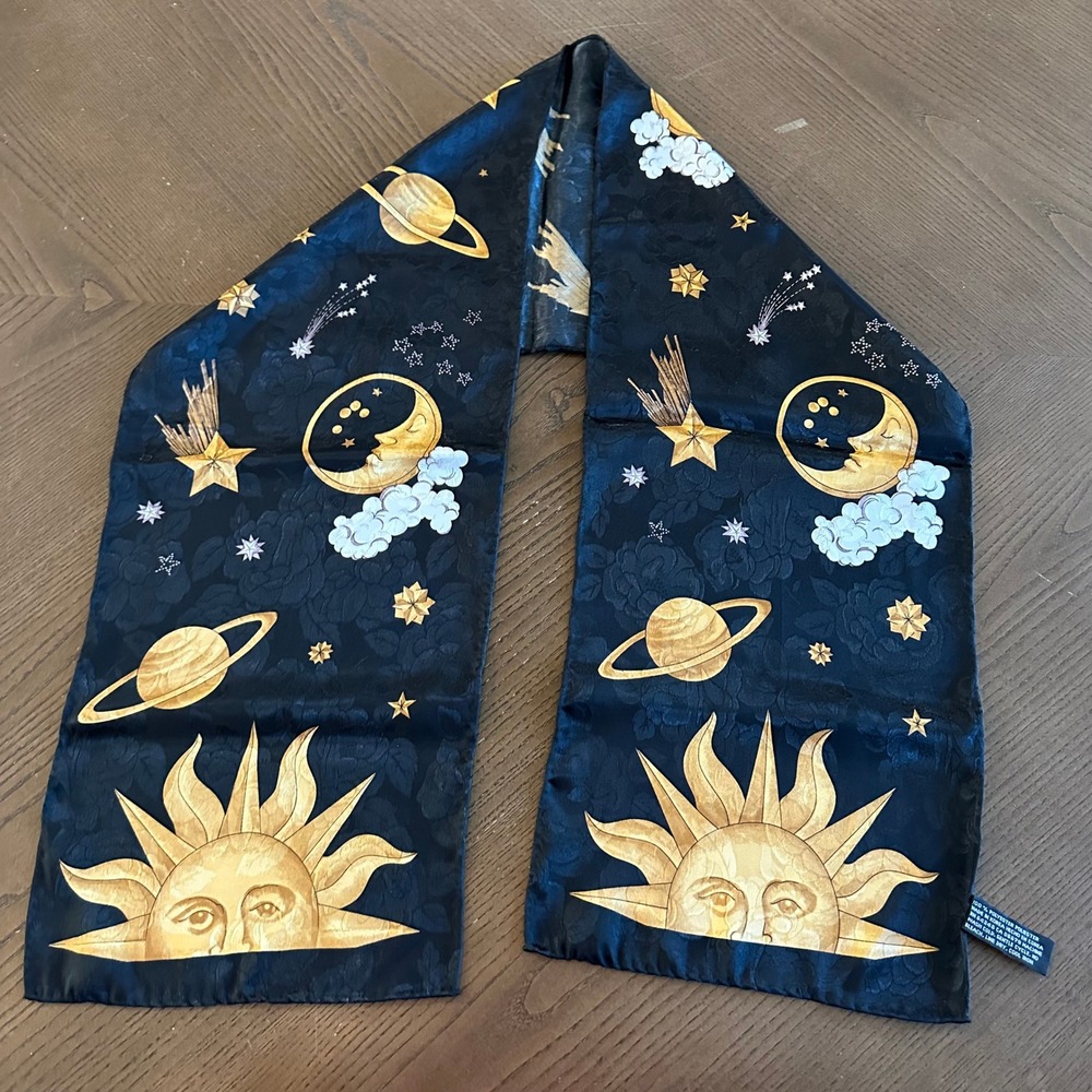 Celestial Sun Moon Star Planet Black Jacquard Oblong Scarf Gold Astronomy 52x9.5